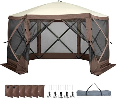 Linkforu - Pop-up Tent - 6 Hoekige Luifel - Zonnescherm - 6 Verwijderbare Winddoeken - Mesh-Ramen – Zon - Waterbestendig – 6 Pers.