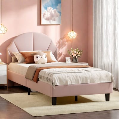 Kinderbed 90x190 cm Roze – Gestoffeerd Fluwelen Bed met Verstelbaar Hoofdbord – Comfortabel Meisjesbed / Eenpersoonsbed