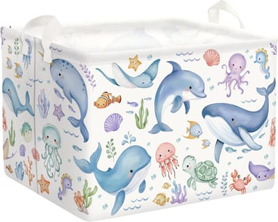 Kinderwasmand - Opbergmand - Speelgoed Opbergen - Opvouwbaar Design - 36 Liter - Blauwe Walvissen