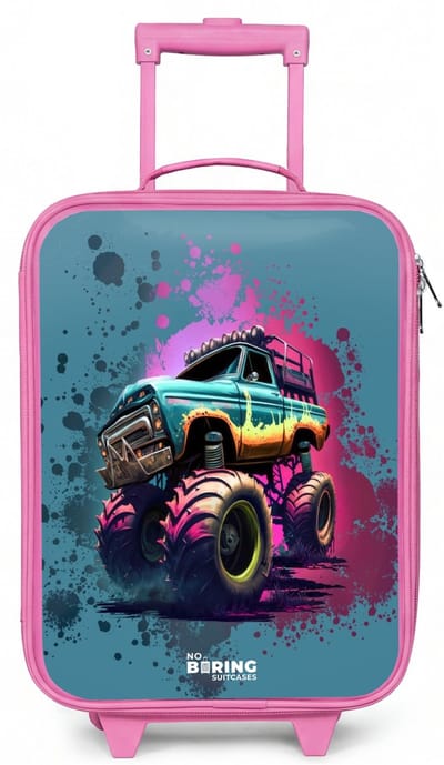 NoBoringSuitcases.com® - Kinderkoffer roze - Kindertrolley meisje - Monster Wheels - Koffer kind lichtgewicht - Reiskoffer trolley voor kinderen - Koffertje met lichtgevende wieltjes - Rolkoffer