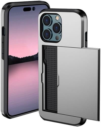 Hoesje met Kaarthouder Slider Geschikt voor Apple iPhone 14 Pro | Pasjeshouder Achterkant | Kaarthouder voor twee á drie pasjes | Grijs