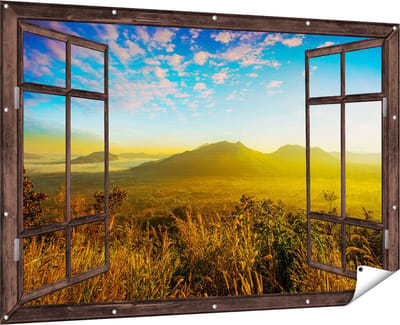 Gards Tuinposter Doorkijk Bergen met Mist in Thailand - 180x120 cm - Tuindoek - Tuindecoratie - Wanddecoratie buiten - Tuinschilderij