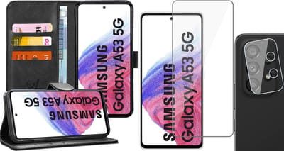Hoesje geschikt voor Samsung Galaxy A53 - Book Case Kunstleer Wallet Cover Portemonnee Pasjeshouder Hoes Zwart - Tempered Glass Screenprotector - Camera Lens Protector