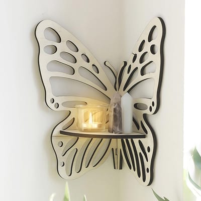 VHV - Wandplank - Hoekplank - Zwevende plank - Vlinder vorm - Houten wanddecoratie - Wandmontage - Voor slaapkamer, woonkamer en badkamer - Decoratief - 23*28cm - Wit