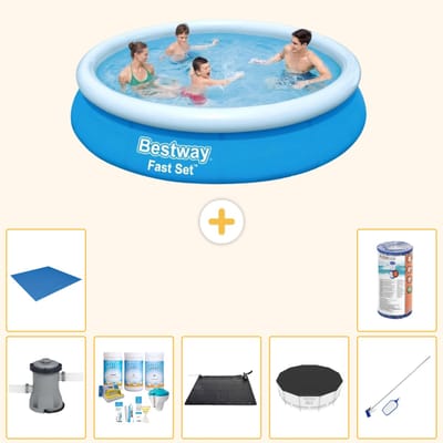 Bestway Rond Opblaasbaar Fast Set Zwembad - 366 x 76 cm - Blauw - Inclusief Pomp - Onderhoudspakket - Solar Mat - Afdekzeil - Schoonmaakset - Grondzeil - Filter - 8-delig