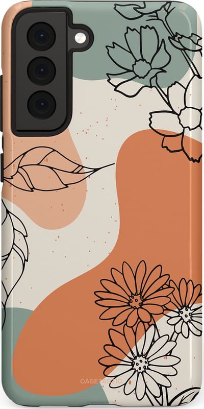 Casetastic hoesje geschikt voor Samsung Galaxy S21 FE 5G - Dubbellaagse bescherming - Lijnenspel Botanisch - Fashion Case - Crème Saliegroen Perzik