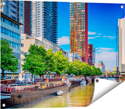 Gards Tuinposter Rotterdamse Gracht met Boten - 80x60 cm - Tuindoek - Tuindecoratie - Wanddecoratie buiten - Tuinschilderij