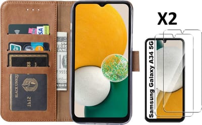 Hoesje Geschikt Voor Samsung Galaxy A34 5G hoesje bookcase Bruin - Hoesje Geschikt Voor Samsung Galaxy A34 bookcase portemonnee Hoesje Geschikt Voor Samsung Galaxy A34 screenprotector / 2X Beschermglas