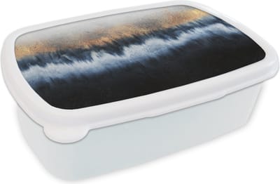 Broodtrommel Wit - Lunchbox Abstract - Goud - Luxe - Blauw - Brooddoos 18x12x6 cm - Brood lunch box - Broodtrommels voor kinderen en volwassenen