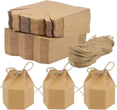 100 Stuks Kraft Papier Zeshoekige Dozen voor Bruiloft en Verjaardag, Party Traktatie en Snoep Dozen voor Feestelijke Gelegenheden