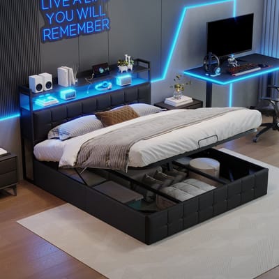 Opbergbed 140x190 met LED & USB – Bed met Hoofdbord en Opbergplanken – Zwart PU