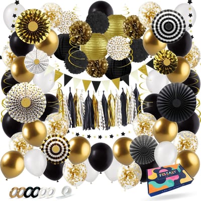 Fissaly 76 Stuks Goud, Zwart & Wit Decoratie Feestpakket met Ballonnen – Geslaagd - Versiering - Helium – Papieren Confetti – Latex - Happy New Year 2026 Versiering Pakket