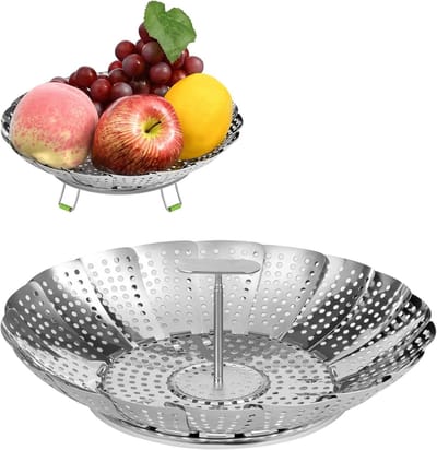 Vouwbare Stoommand, Verstelbare RVS Mand met Uittrekbare Handgreep en Antislip Voeten voor het Koken van Zeevruchten en Groenten, Geschikt voor Diverse Potten - 11 Inch
