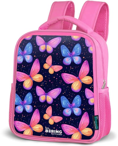 NoBoringSuitcases.com® - Rugzak roze - Schooltas meisjes - Kleurrijke vlinders in roze en blauw - Kinder rugtas meisje - Boekentas kind - Kinderrugzak voor school - Schoolrugzak