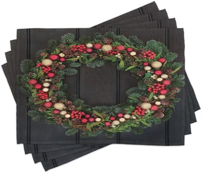 ABAKUHAUS Kerst placematten, kerstkrans-ontwerp met kleine balletjes, hulst, spar, den, donker eiken, tafeldecoratie van kleurvaste stof voor eetkamer en keuken, meerkleurig