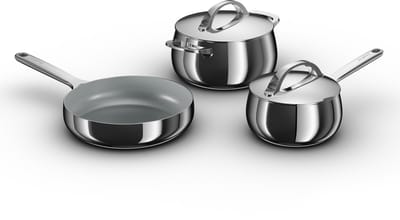 BergHOFF Home Belly Pannenset 5-delig – RVS Steelpan & Kookpot met Deksel – PFAS-Vrije Koekenpan met Keramische Antiaanbaklaag – Inductie & Ovenbestendig – Stellar Steel