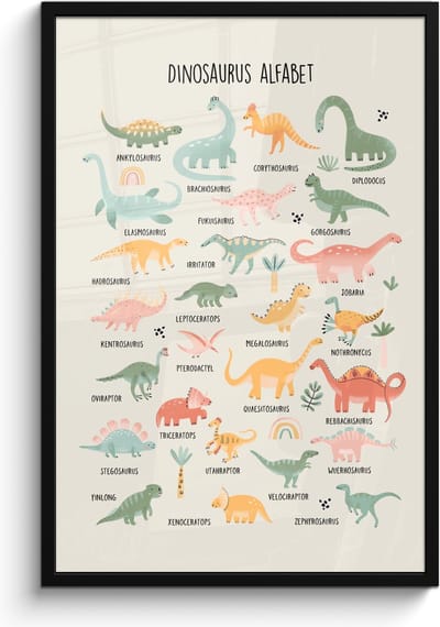 Poster in lijst - Fotolijst 60x90 cm - Posters - Dinosaurus alfabet - Leren voor kinderen - Dino's - Educatief - Posterlijst zwart - Kamer decoratie - Wanddecoratie kinderkamer - Muurdecoratie babykamer