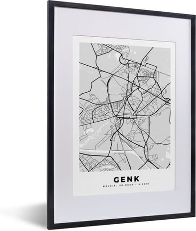 Fotolijst incl. Poster Zwart Wit- België – Genk – Stadskaart – Kaart – Zwart Wit – Plattegrond - 30x40 cm - Posterlijst