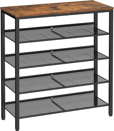 5-laags schoenenrek, hoge schoenenrek met 4 mesh planken en grote bovenkant voor tassen, ruimtebesparend voor entree, hal, staal, industrie, rustiek bruin en zwart LBS038B01