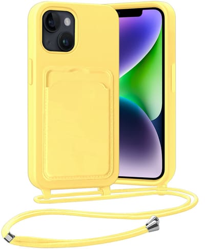 Hoesje Geschikt voor iPhone 13 Hoesje Met Telefoonketting Pasjeshouder Case Koord - Hoesje Geschikt voor iPhone 13 Hoes Met Kaarthouder - Geel