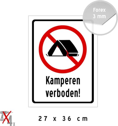 Pictogram/ bord | "Kamperen verboden!" | 27 x 36 cm | Camping | Recreatie | Tent | Vakantie | Toerisme | Afval | Kampvuurtje | Toeristen | Natuur | 1 stuk
