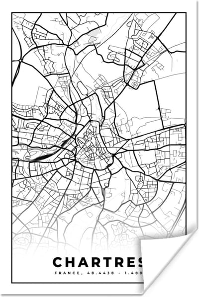 Poster Frankrijk – Kaart – Plattegrond – Stadskaart - Chartres - Zwart wit - 120x180 cm XXL