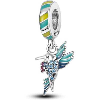 Echte Charm Koper Verguld Blauwe Kolibrie Bloem Hanger Past op Armband Voor Vrouwen Vrouwen Sieraden Handwerk DoeHetZelf wit