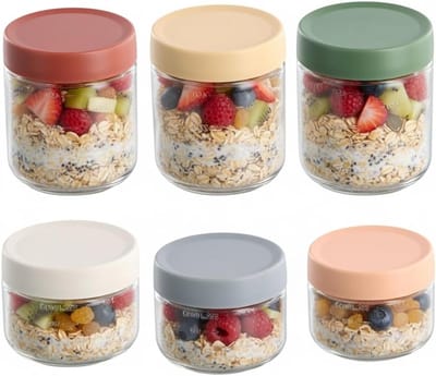 Set van 6 Herbruikbare Glazen Potten voor Overnight Oatmeal, Yogurt en Mermelade - 300 ml en 500 ml met Luchtdichte Deksel, Ideaal voor Granen en Ingelegde Groenten
