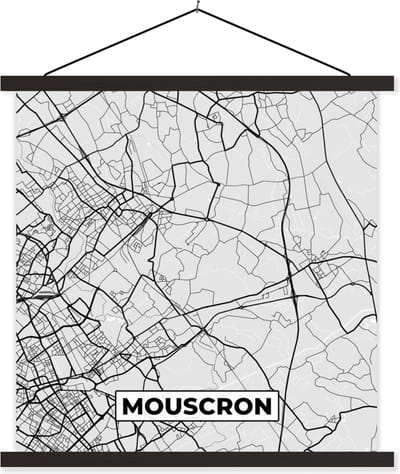 Posterhanger incl. Poster 60x60 cm - Schoolplaat - België – Mouscron – Stadskaart – Kaart – Zwart Wit – Plattegrond - Textielposter - Zwarte latten - Stadskaart