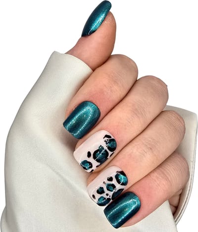 SD Press on Nails - B255 - Plaknagels met nagellijm - Kort Recht Square Kunstnagels - Groen Blauw Leopard - Set 20 Kunstnagels handgemaakt van gellak - Nail Art - Beauty - Manicure - Nails at home - Nageltips - Nepnagels - Accessoires voor haar