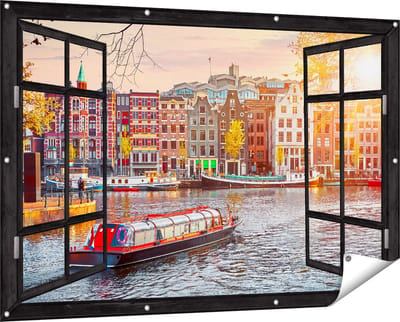 Gards Tuinposter Doorkijk Amsterdamse Huisjes vanaf de Grachten - 150x100 cm - Tuindoek - Tuindecoratie - Wanddecoratie buiten - Tuinschilderij