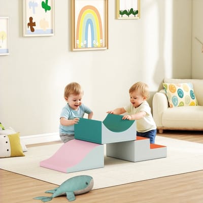 MEUNIQ 3-delige klim- en krabbelset voor peuters, soft play schuimblokken met trap, helling en ribbelmodule, 141 x 45,7 x 20,3 cm, lichtgrijs, voor binnen