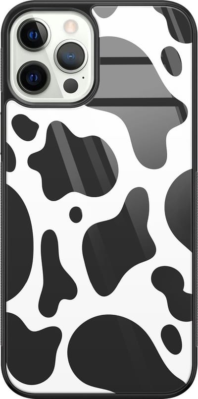 Hoesje geschikt voor iPhone 12 Pro - Koeienprint zwart wit - Luxe Glazen Hardcase - Hippe print - Zwart, Wit - Leuke Telefoonhoesjes