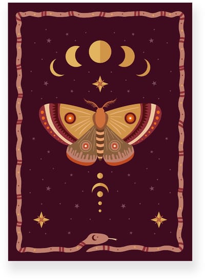 Poster 20x30 cm - Nachtvlinder - Maanfases - Bruin - Paars - Bohemian - Spiritueel - Muurdecoratie - Wanddecoratie