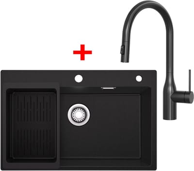 Sofetiy Max Granieten Spoelbak Antraciet 70x45CM - Spoelbakken met 3 Kraangat - Spoelbakken Keuken Met Uittrekbare Uitloop Keukenkraan - Enkele Spoelbak - Spoelbak Met Afdruiprek - Spoelbakken Incl. Sifon en Afvoerzeefje