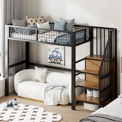 MODFU - Hoogslaper 90x200 cm – Zwart metaal met kledingkast & opbergrek – Industrieel design