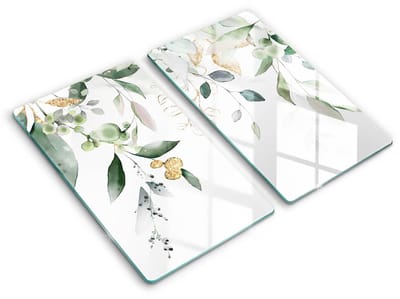 Wallfluent Spatscherm Keuken - Wit Glasplaat Keuken - Set 2 Stuks 30x52 cm - Aquarelbladeren Achterwand Glasplaat Keuken - Bloemen en planten Rechthoekig Spatscherm Keuken