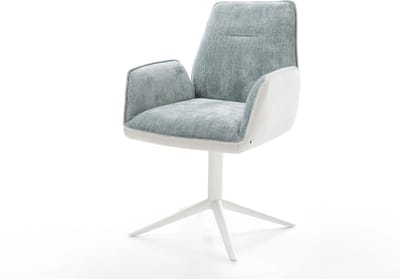 Eetkamerstoel Zoa-Flex kruispoot wit materiaalmix echt leer wit-pastelblauw 360° draaibaar rocker-functie pocketveer kern