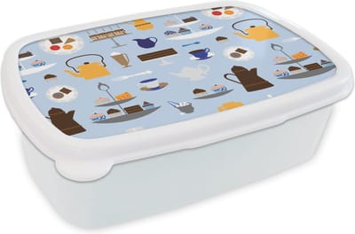 Broodtrommel Wit - Lunchbox - Brooddoos - Patronen - Cupcake - Theepot - Thee - 18x12x6 cm - Volwassenen
