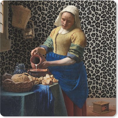 Muismat 20x20 cm - Mousepad Melkmeisje - Kunst - Panterprint - Vermeer - Schilderij - Oude meesters - Muismatten