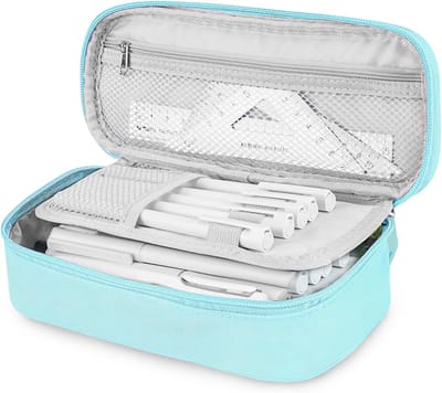 SnelShoppen - Grote Opberg Pencil Case met 4 Compartimenten voor School en Kantoor, Lichtblauw, Ideaal voor Kinderen, Jongeren en Volwassenen