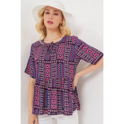 Patroon Blouse met Ronde Hals en Strikdetail