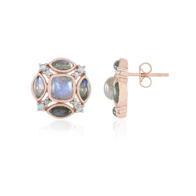 Cavill - Blauwe Labradoriet Oorbellen - 925 Sterling Zilver Roségoud Verguld - 5.004 ct Madagaskar - Marquise & Kussen Cabochon - Elegante Sieraden