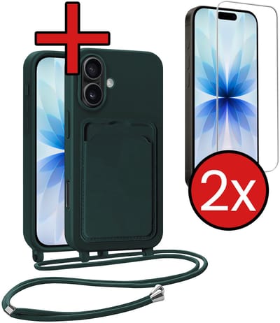 Hoesje Geschikt voor iPhone 17 Hoesje Met Telefoonkoord en Pasjeshouder Met 2x Screenprotector Siliconen - Hoes Geschikt voor iPhone 17 Hoesje Met Kaarthouder Case - Donkergroen