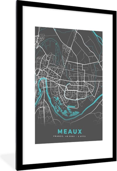 Fotolijst incl. Poster - Plattegrond – Meaux – Stadskaart – Kaart – Frankrijk - 60x90 cm - Posterlijst