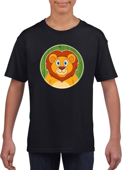 Kinder t-shirt zwart met vrolijke leeuw print - leeuwen shirt - kinderkleding / kleding 110/116