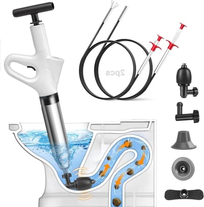 JGS Premium - Professionele Pneumatische Hogedruk Afvoerreiniger | Ontstopper WC Keuken Badkamer & Douche | Roestvrijstalen Pomp Manometer met 4 Verwisselbare Koppen