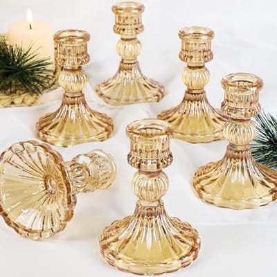 Set van 6 Glazen Taper Kaarsenhouders - Gouden Kaarsenstandaards voor Bruiloften, Valentijnsdag, Verjaardagen en Diner
