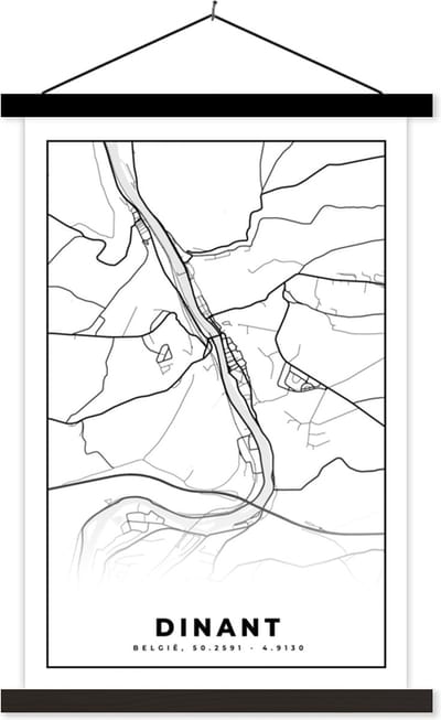 Posterhanger incl. Poster 40x60 cm - Schoolplaat - Zwart Wit – België – Plattegrond – Stadskaart – Kaart – Dinant - Textielposter - Zwarte latten - Stadskaart