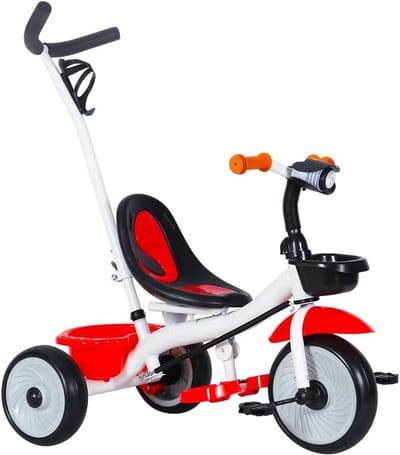 3-in-1 Kinder driewieler met Ouderstang en Schuifwiel, Wit en Rood